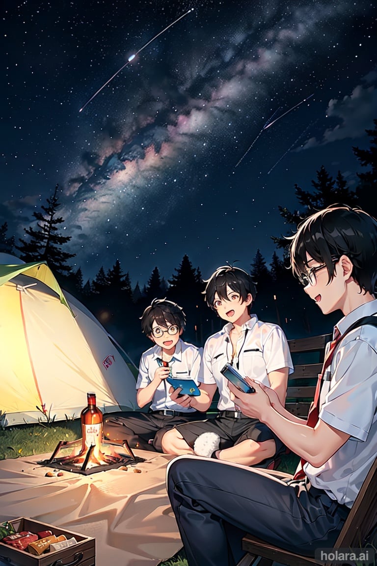 Image of 1 fat gles boy , 2 boys, black hair, camping,  starry sky, fire camp, 3 people