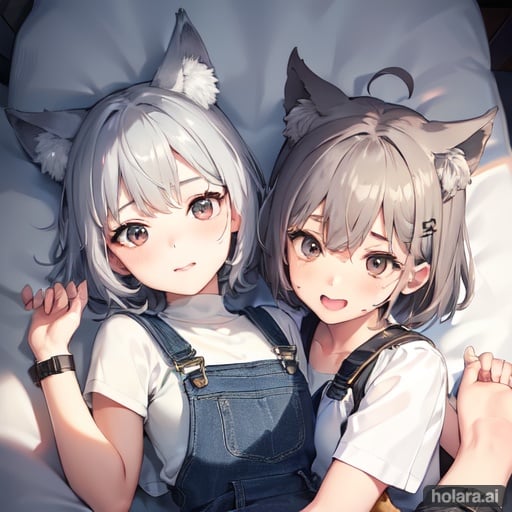 Image of 2girls, lying, on back, from above, (grey hair)+, black eyes, smile, short hair, wolf ears, overalls, boots, (hair ornament)+, watch, snowing