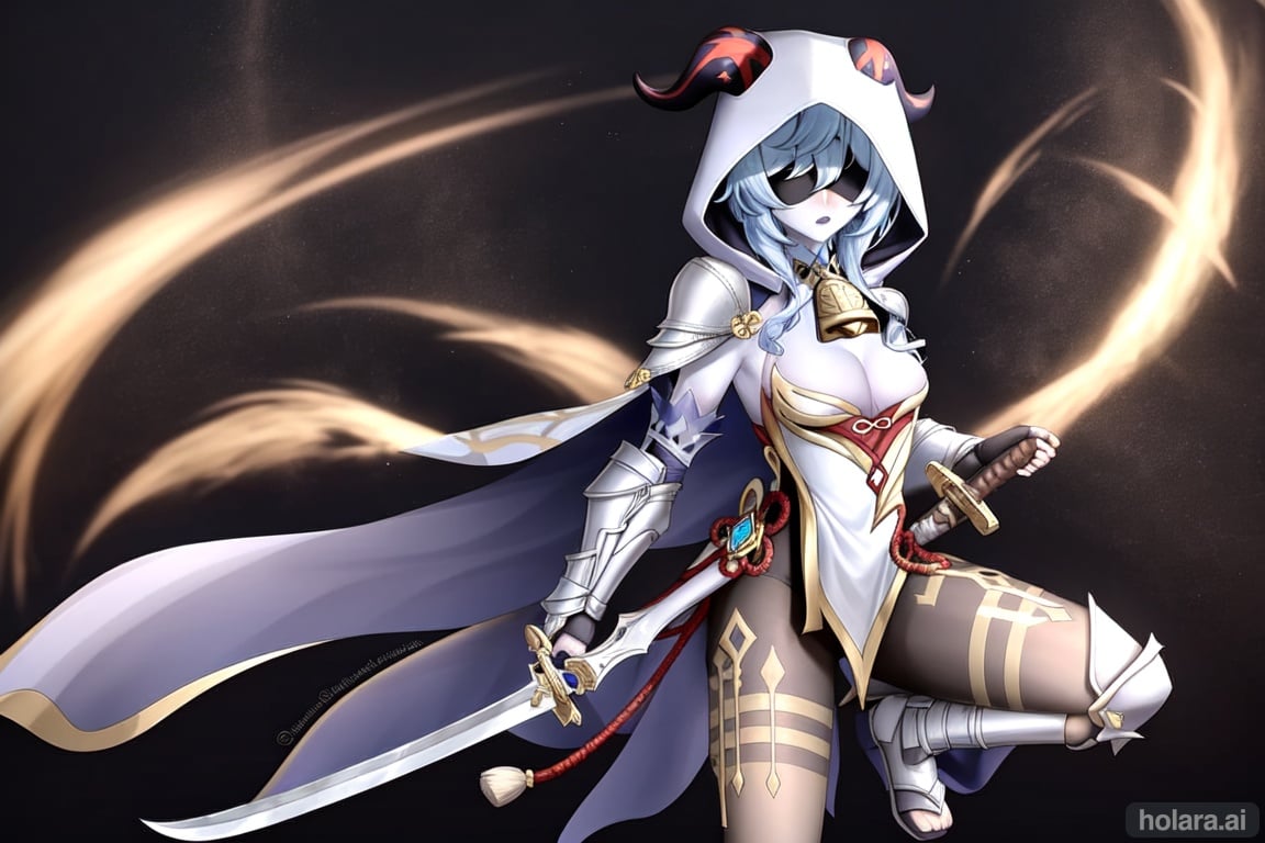 Image of ganyu \(genshin impact\) 1girl, solo, breasts, holding, medium breasts, weapon, horns, sword, hood, cape, holding weapon, armor, mask, colored skin, holding sword, gauntlets, pale skin, cloak, hood up, dual wielding, white skin, covered eyes