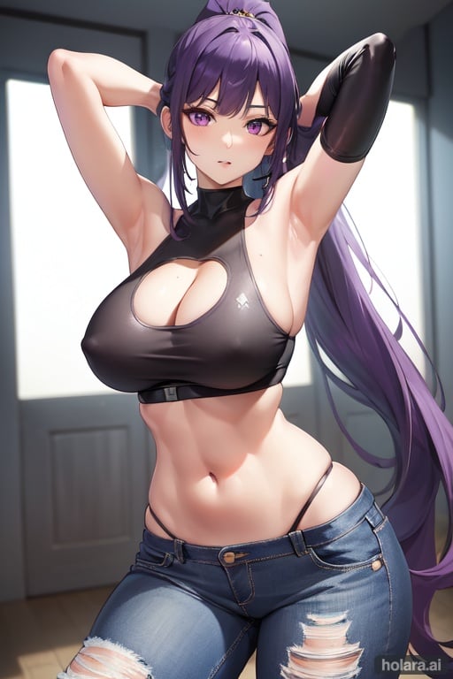 Image of ponytail, long hair,purple eyes,purple hair, mive boobs, navel,crop top,jeans,thick thighs, original,thin waist ,showing armpits,in house