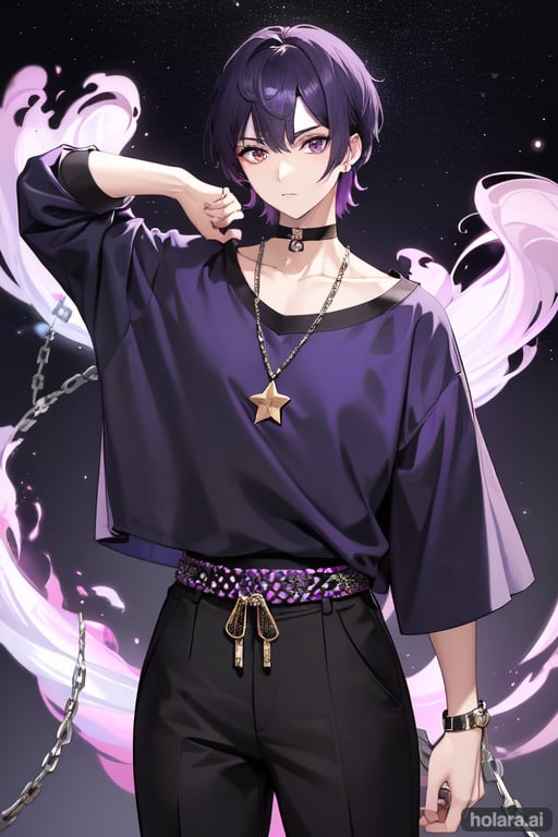 Image of Alabaster, male, purple pageboy hair, wearing mid sleeve blue shirt with purple stripes and black sweatpants and a black choker with a large ruby and chains, grey clouds with bright star bursts, best quality, masterpiece
