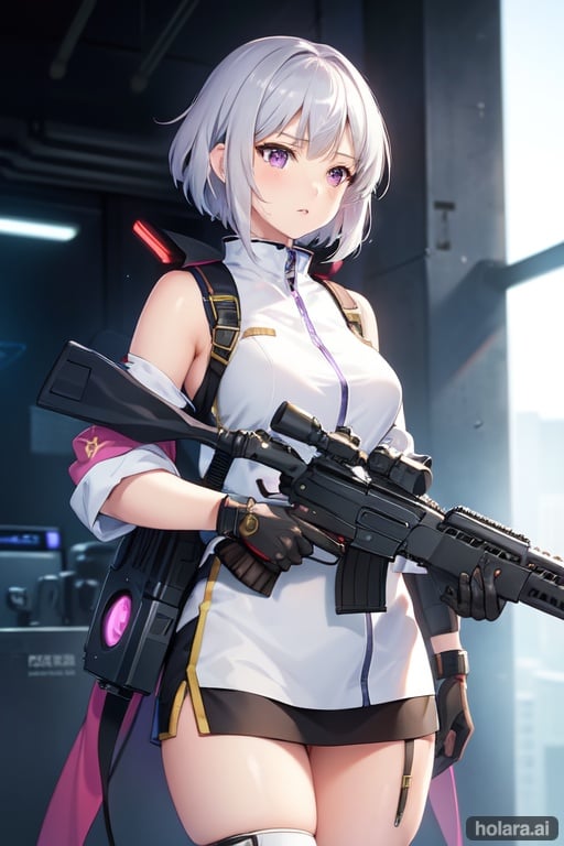 Image of best quality, ultra-detailed, high resolution, extremely detailed cg, anime picture,SF, mecha girl, 1 girl, solo, silver hair, short hair, light purple eyes, machine ears, expressionless, firearm