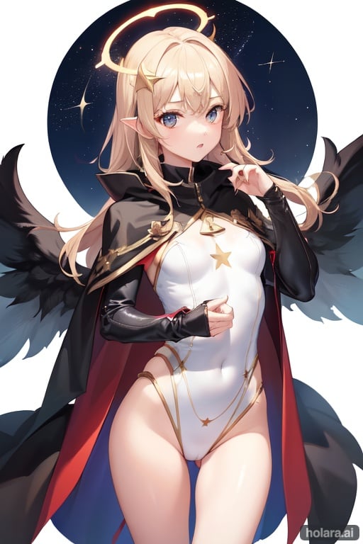 Image of 1girl, solo, cape, angel wings, red halo, stars, star eyes, thigh gap