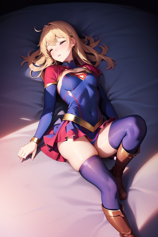 Image of super girl,caplet,leotard, boots, miniskirt, high resolution,Shining material,crotch cloth,  knocked down, defeated, sleep, on back,rape