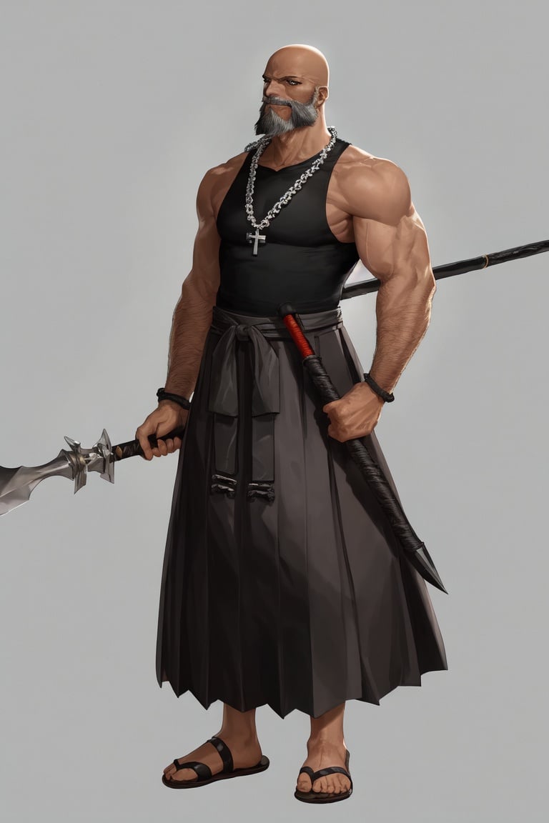 Image of absurdres, 1boy, old man, bald, beard, black eyes, dark-skinned male, t-shirt, hakama, sandals, polearm, rosary, simple background, looking at viewer, dutch angle, smug, standing, full body