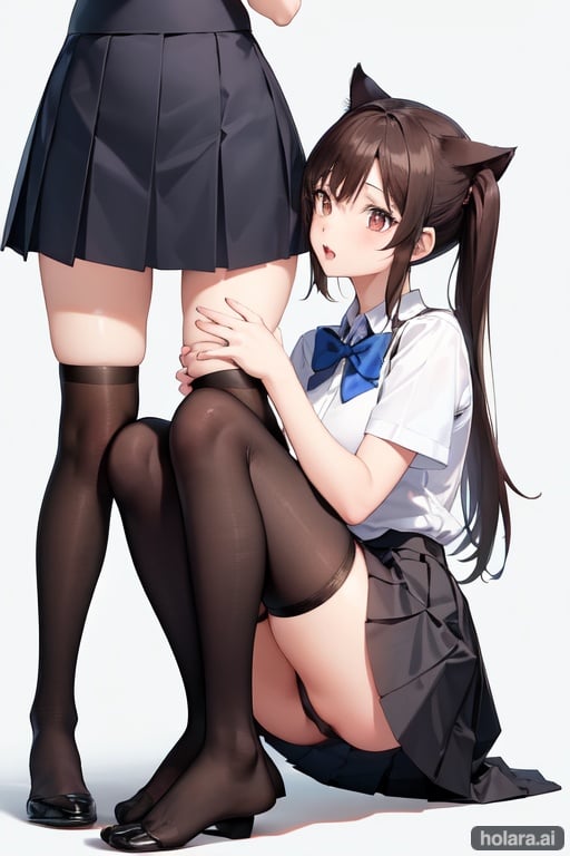 Image of one girl standing, holding leash, one girl on knees, collared, girl dominating other girl, pony tail, medium length hair, dark brown hair, brown eyes, cat ears, cute+, petite body, perfect body, thigh high socks, legs spread+, up skirt, lace bra+, school uniform, highly detailed, two legs, two arms, four fingers, 1 thumb, anatomically correct hands, perfect hands, anatomically correct feet, perfect feet, open mouth, anime eyes, anime face, cute anime face, small feet+, cute feet,feet up, underwear, thighhighs, simple background, bowtie, pleated skirt, park beach, outside, park