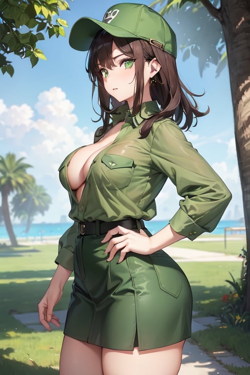 Image of Unbuttoned shirt, green eyes, exposed s, 
