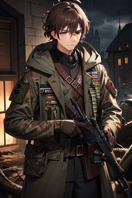 Image of 1male, wizard++, gles+, army+++, camo-, leather, belts, moody, frowning, grungy, Trenchcoat, belt pouch, hood down+, muddy++, dark, raining, aiming rifle++, messy hair, curly hair+++, brown hair, short hair,backpack, radio, Kevlar armor++, crouching, castle, night, moonlight, army truck