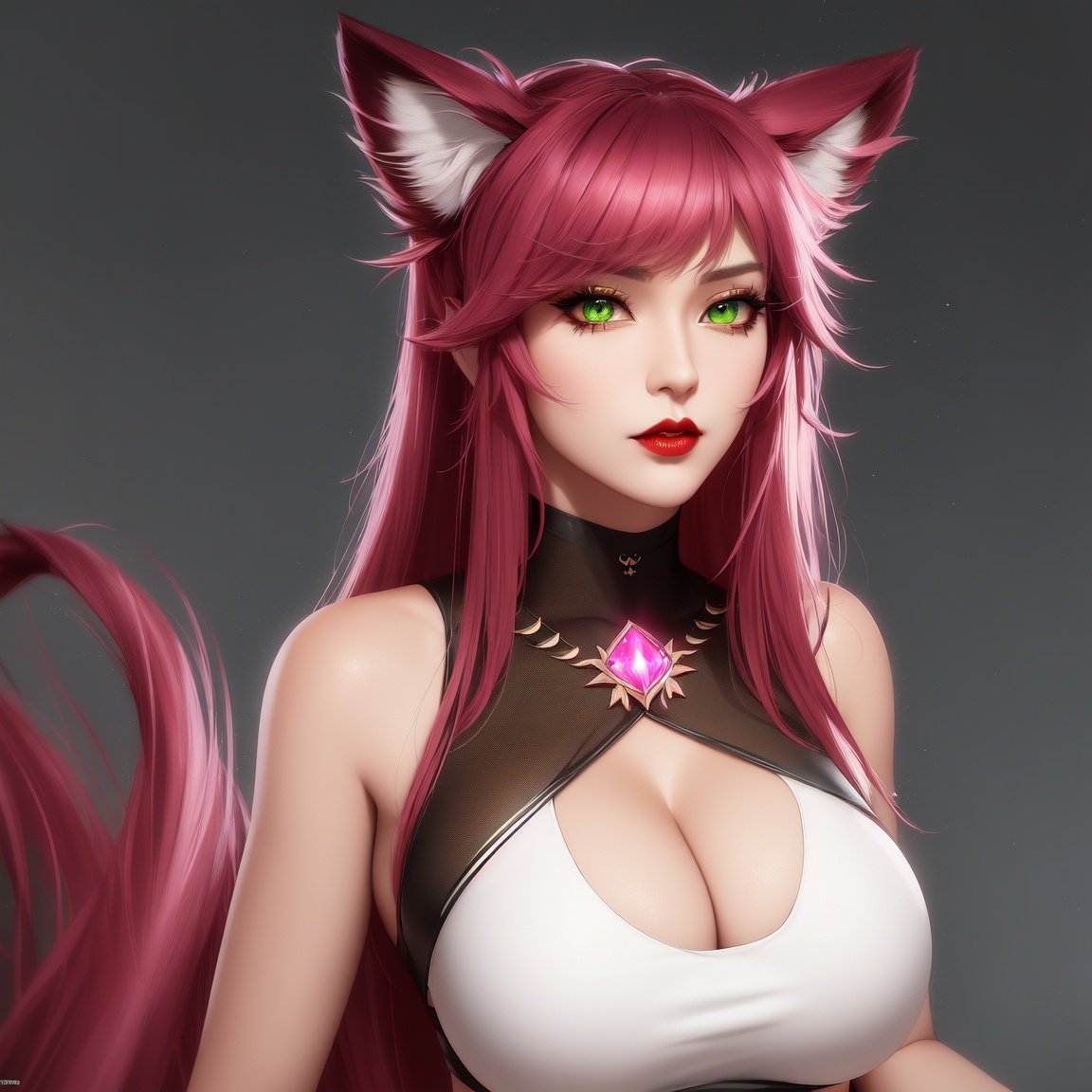 Image of +++masterpiece, best quality+++ cat ears , solo, beautiful, curvy  black woman,  brown skin, red lips, long  pink  hair, and green  eyes wearing a magenta t-shirt and magenta shorts, magenta bracelet, busty showing cleavage, with cat tail    8k resolution concept art photorealistic resolution concept art portrait by top .pixiv.net artists (waterman), Gurahamu-san, Gyrtbesr rara and mahalaga, cheshirrrrr, Jasmine Becket-Griffith, Fenghua Zhong cgsociety Artgerm hyperdetailed Unreal Engine 5 volumetric lighting, trending in artstation 