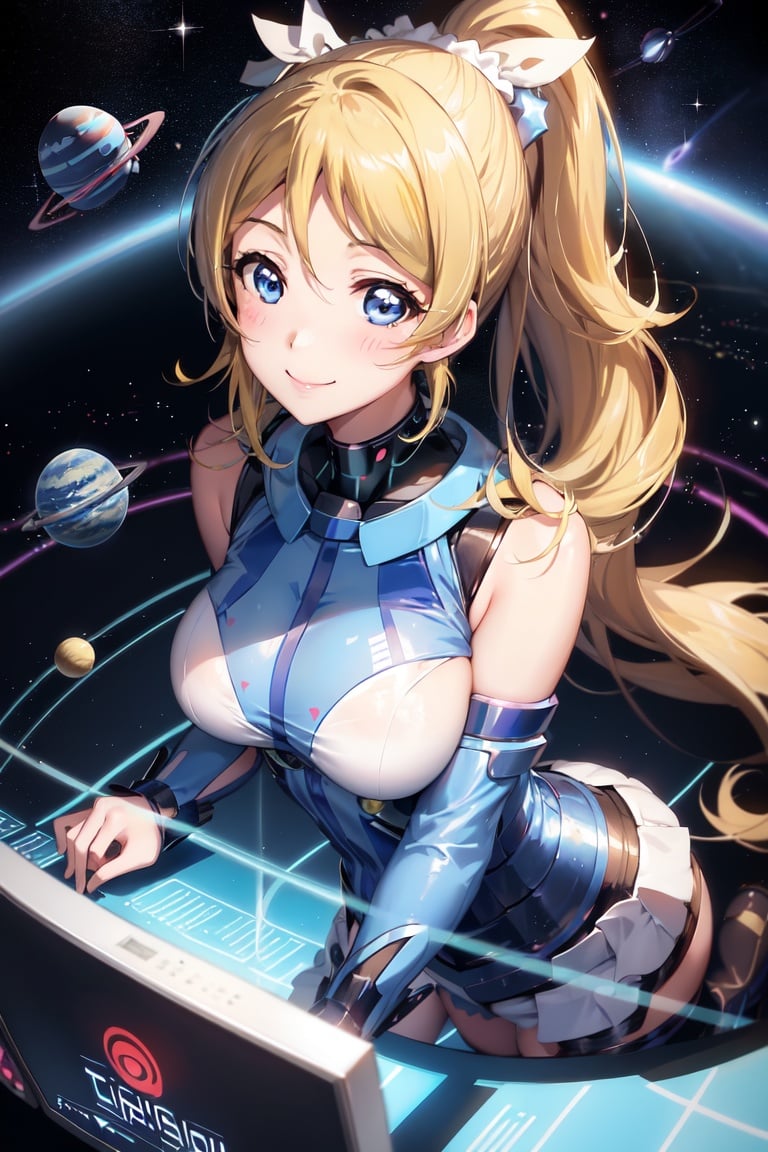 Image of (ayase eli)+++,(lovelive)+++,1girl, solo,(smile)++, very long hair,(ponytail)+++,blue eyes++, (cyber)+++,(computer)+++,outer space+++,spacecraft,flash,(huge breasts),group of planets