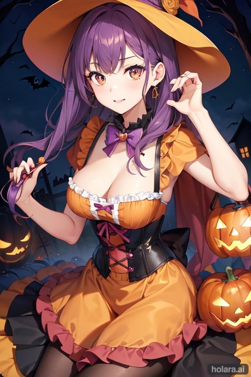 Image of Purple hair, orange eyes, halloween, pumpkin, candy, purple and orange dress, 1girl, corset