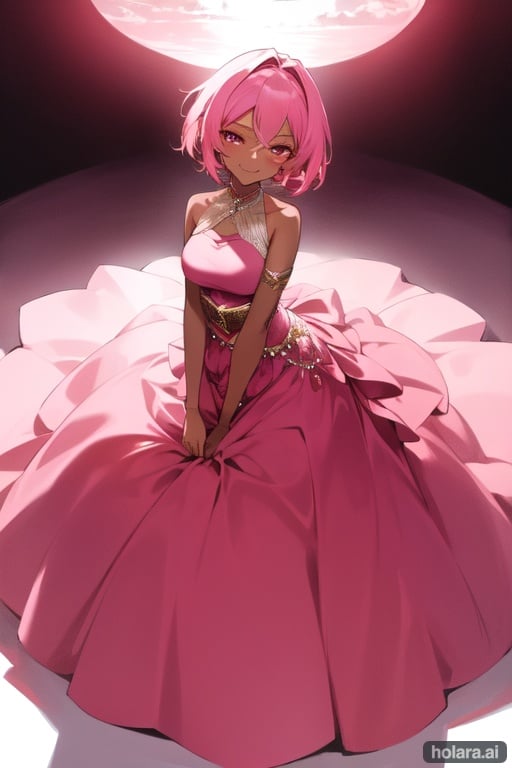 Image of dark skin, pink eyes, pink hair, short hair, tiny breasts, perfect hips, smile, ball gown, long dress, realistic, high detail, cloudy, romantic, best quality, beautiful