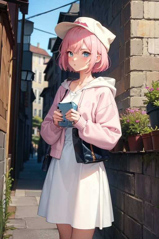 Image of short hair,pink hair,Fashionable hoodies,off shoulder:1.2, mob cap, street, best quality:1.2), 1girl, sologirl girl perfect girl bealtiful european babe european girl European model Italian italian girl ,masterpiece, highest quality)、(shining eyes), ((one young man)),((cool boy)), (dark back alley)、(downtown at night)、beautiful anime, cene design，Fantasy World.((Sargent style watercompressionist style painting、(highest quality、masterpiece)、soft light、Countryside painted on a foggy morning、soft light、view of the cotswolds,old farmhouse、stream、flowers bloom、one woman、dark brown hair、braided hair、White blouse and long skirt、picnic、hold a book in hand、take a walk、、
