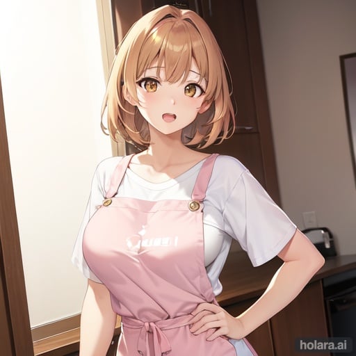 Image of 1 adult woman, light brown hair, short hair, large breasts, white t-shirt, pink apron, yellow eyes, visual novel style, dutch angle, colorful, tareme eyes, open mouth, hands behind back
