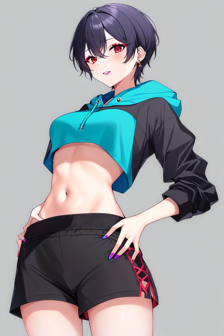 Image of 1girl, solo, thin waist, wide hips, medium breasts, tomboy, exposed midriff+, crop top purple hoodie, blue short shorts, legs visible, makeup, flirty, simple background