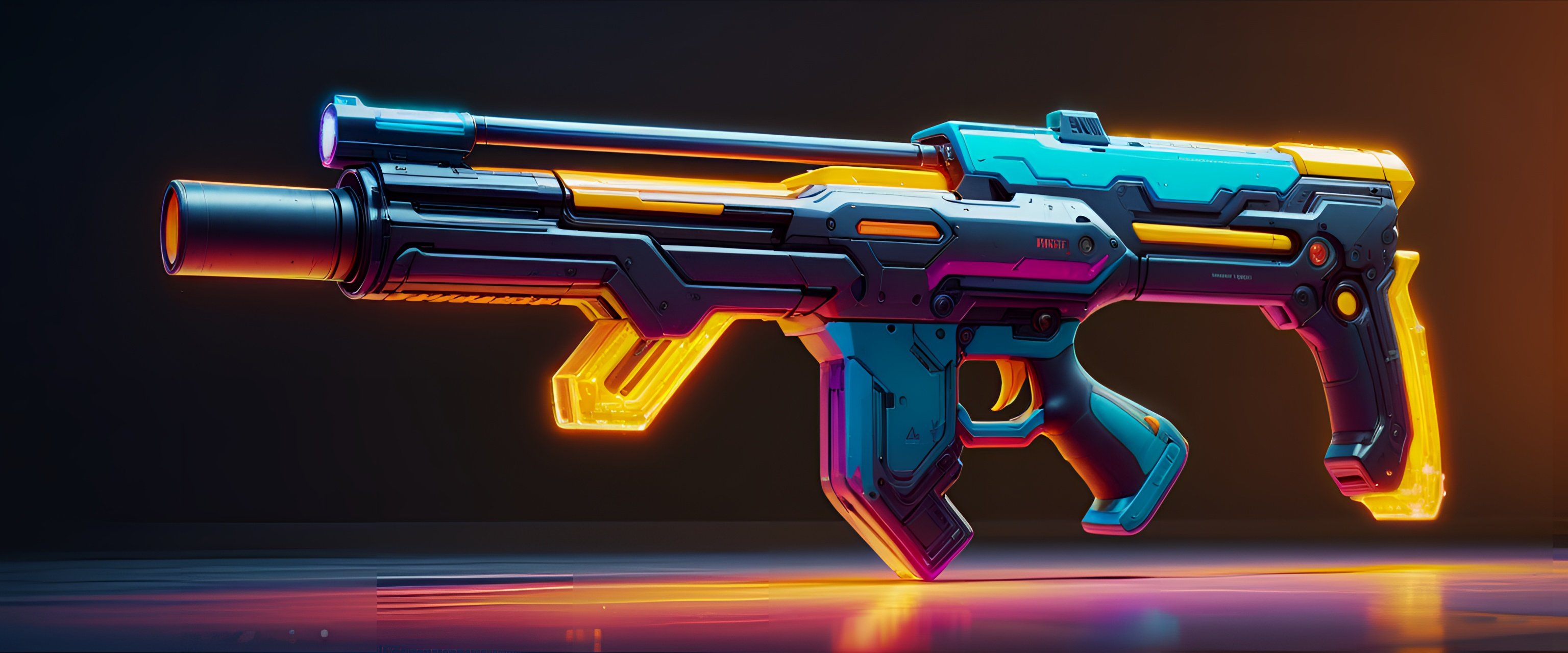 Image of futuristic blaster, blaster of the future, square shapes, bright colors, rifle, cyberpunk