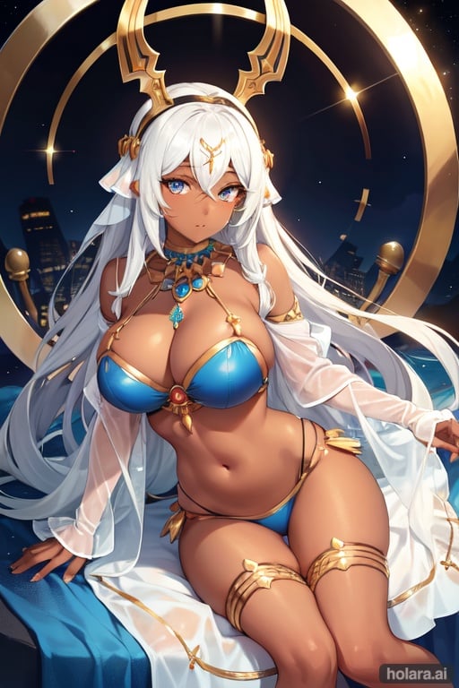 "Dark skinned Greek Goddess with thick thighs and big bust blue eyes and ornaments ", jewelry