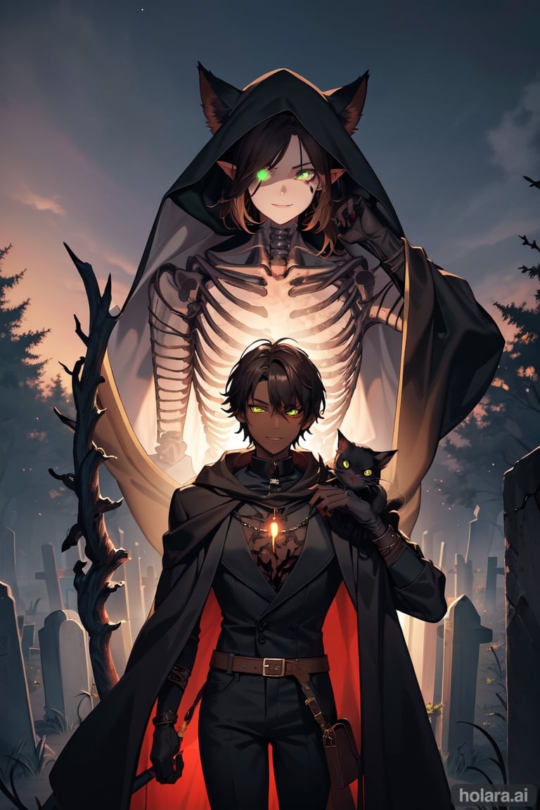 dark skin, male, brown hair, short hair, has a black cat on their shoulder, glowing green eyes, necromancer, raising the dead, wearing a black cloak with a hood on, skeleton skulls on the shoulders, wearing belt covered in bones, holding a dark staff radiating power, in a grave yard with skeletons raising from their graves, a blood moon, a night sky, creepy trees in the background, a mist around the graveyard, evil smile, boots, baggy clothes, pointy ears