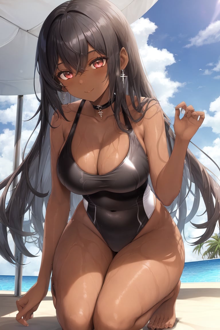 Image of absurdres, 1girl, dark-skinned female, long hair, black hair, brown eyes, large breasts, cleavage, one-piece swimsuit, white swimsuit+, barefoot, earrings, indoors, poolside, looking at viewer, from below, smile, squatting, sunset