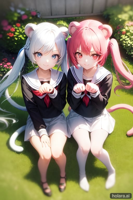 Image of 2girls, small size, paw pose, from above, garden, smile, sailor, (one girl, blue eyes, pink hair, twintails, long hair, bear ears, bear tail), one (girl, white hair, twintails, cat ears, cat tail, red eyes), 1 cat girl, 1 bear girl