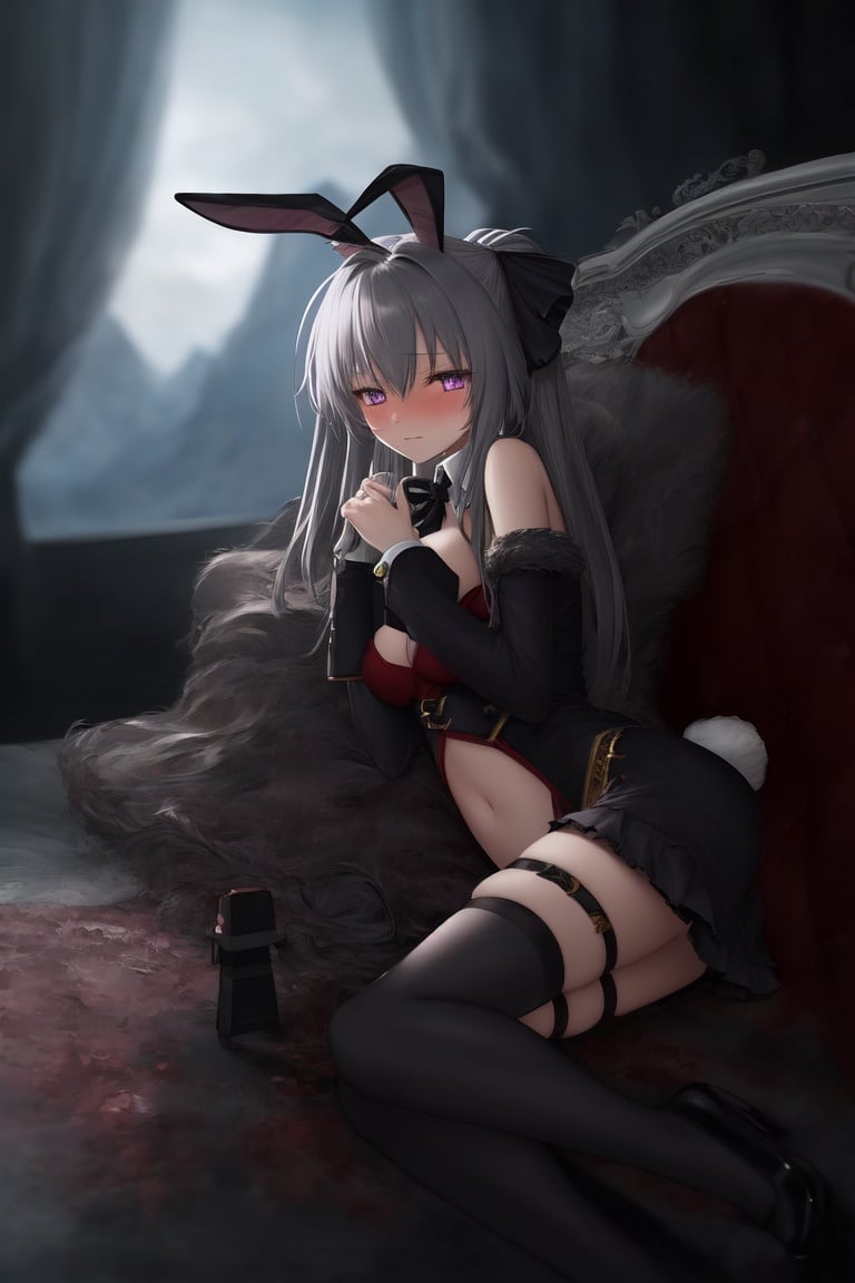 Image of 1girl, solo, lying, on side, from side, grey hair, purple eyes, blush, embarrassed, rabbit ears, coat, thighhighs, neck ribbon, detached sleeves, mountain