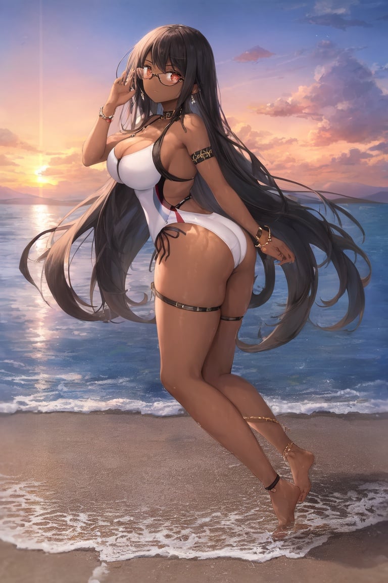 Image of absurdres, 1girl, dark-skinned female, long hair, black hair, brown eyes, glasses, large breasts, cleavage, one-piece swimsuit, white swimsuit+, barefoot, earrings, outdoors, house, sunset, looking at viewer, from behind, frown, adjusting eyewear, full body