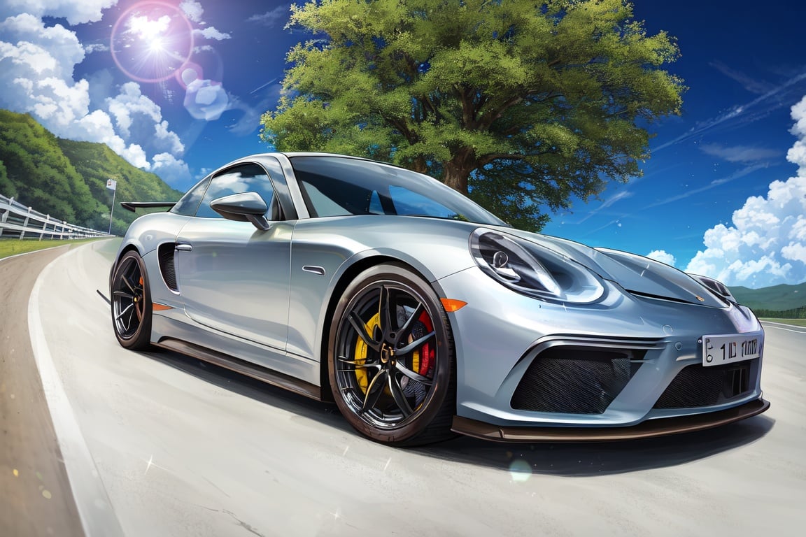 Image of sports car,Porsche,driving blue sky,uplifting,lens flare