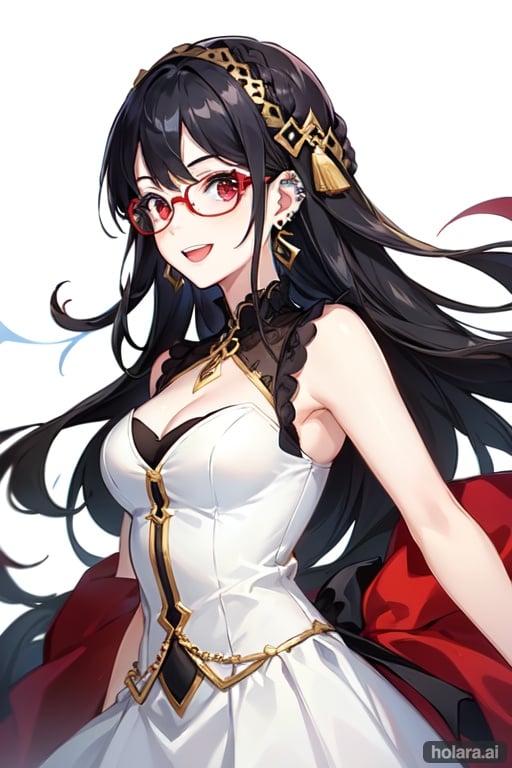 Image of 1girl (white skin), (smile)++, open mouth, (black hair)++, long hair, bangs, red eyes++, hair ornament, red gles, rectangle gles, medium breasts, ear piercing, earrings, white shirt, cleavage sleeveless shirt, (jewelry)++, black skirt, detailed cloth, complete body, perfect anatomy, (dynamic pose), (dynamic angle), perfect female body, simple background, (masterpiece)+++,  best quality++, high quality+++, ultra quality++, wallpaper+++, eyebrows visible through hair,