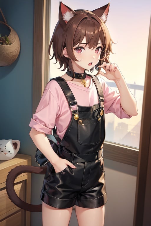 Image of boy, 1boy, brown hair, pink eyes, cat ears, cat tail, overalls, leather shorts, shirt