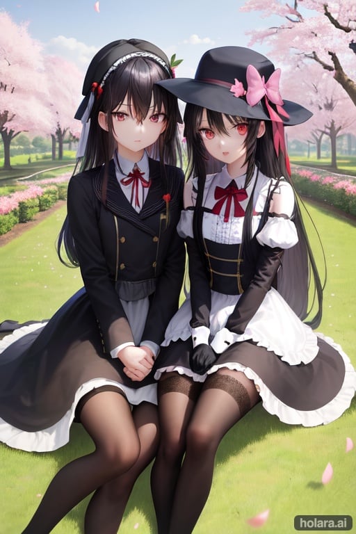 Image of couple,  long hair, open mouth, blue eyes, skirt, hair ornament, simple background, dress, gloves, thighhighs, ribbon, hat, holding, hair between eyes, garden, original, cherry blossoms, tree, day, sitting, bare shoulders, red eyes, black hair, hair over shoulder,  closed mouth