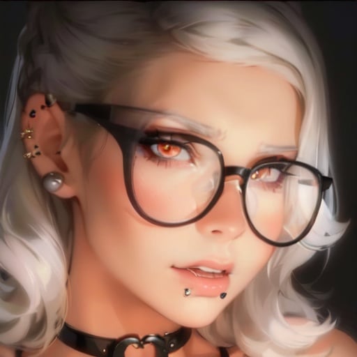 Image of 1girl, solo, blond hair, black glasses, black choker, silver ear piercings, silver septum piercing, orange eyes, silver snake bites piercing