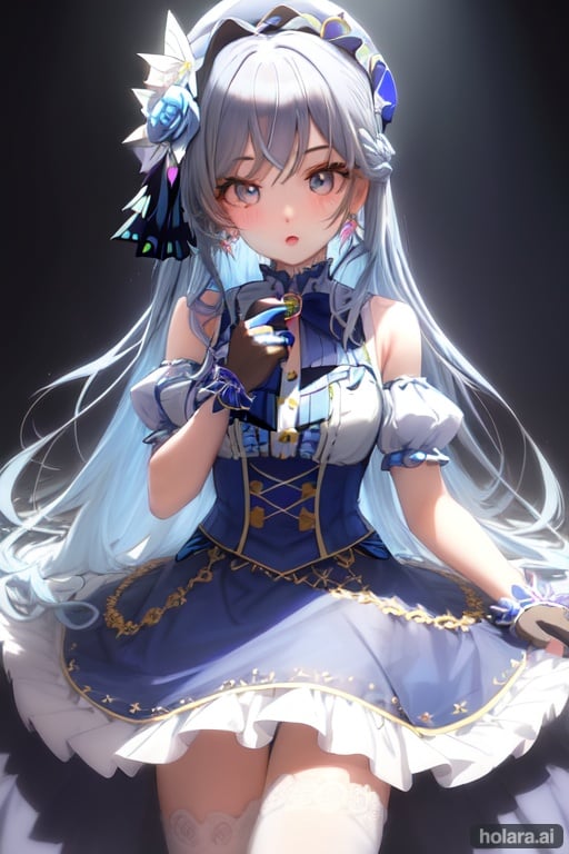 Image of cute & girly (idolmaster), long hair, open mouth, thighhighs, blue eyes, gloves, skirt, jewelry, bare shoulders, idolmaster, indoors, thick thighs masterpiece++, ultra-detailed++, pixiv++, best shadows++, best lighting++, best quality++, cinematic shot, rim lightning, 1girl, jewelry, solo, blue eyes, hair ornament, looking at viewer, ring, braid, bangs, blue nails, flower, blue butterfly, earrings, white hair, hair between eyes, blue flower, butterfly, parted lips, nail polish, bug, long hair, butterfly hair ornament, hair flower, hat, blush, crossed bangs, blue theme, portraitmasterpiece++, best quality++, ultra-detailed+, kawaii++, cute, lovely+, ilustration++, (chibi)+++, baby, (focus background), flower field, beautiful sky, full moon, moonshine, moonrise, sunrise, sunshine, starry sky, picnic, tablecloth, cakes, food, cups, tree, petals in the hair+++, fireflies++, snow, mountain+, a cute girl, beautiful blue eyes++, beautiful white hair++, long hair++, (complex mini-skirt)++, flo