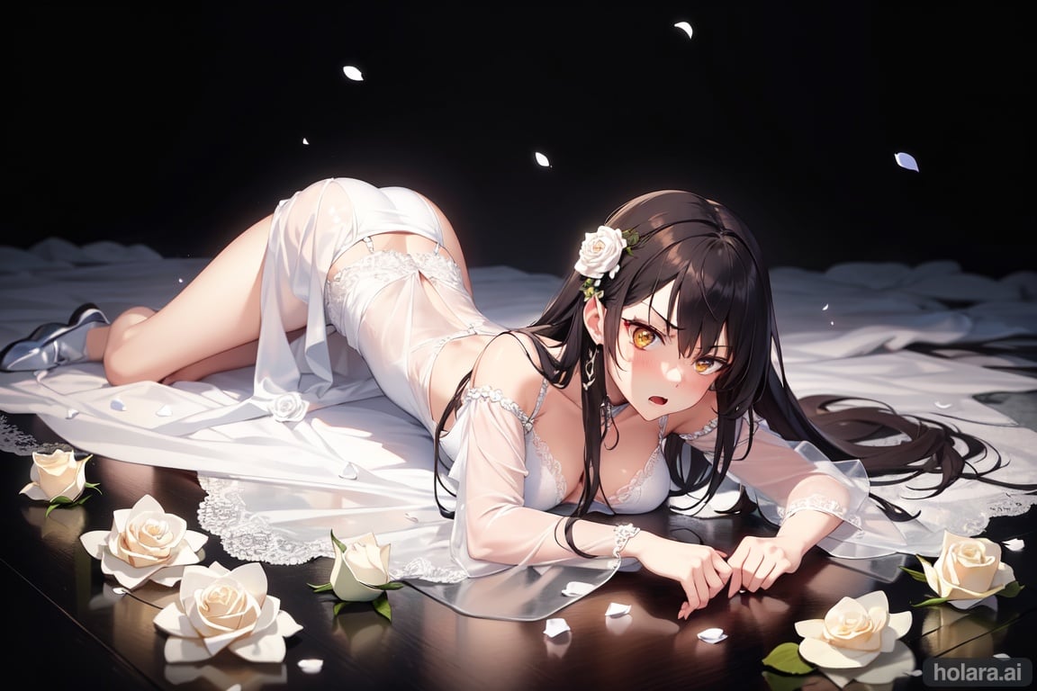 Image of masterpiece++, ultra detailed+++, 4k, cute girl+++, looking to the left, angry expression++, serious++, dark++, light background and falling white roses++, elegant clothes++, full body, lying down