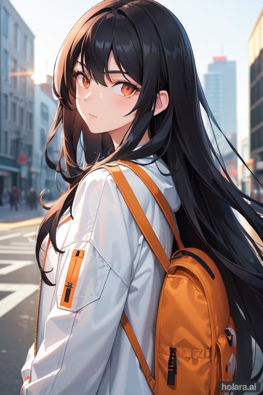 Image of black hair, long hair, orange eyes, oversized white jacket, bagpack,wind blowing, from behind, looking at viewer, head tilt,close-up, expressionless, blushing, masterpiece++,ultra-detailed++, extremely detailed++, best lighting++, best quality++, cinematic shot+, extremely detailed eyes++, sunlight+, blurred background