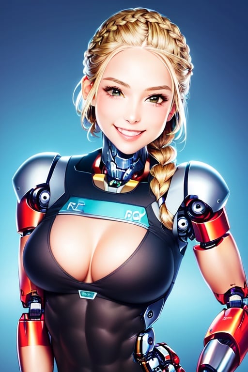 Image of 1girl, blonde, (extremely long hair)+, muscular+,  skinny+++, sweaty body+++, (french braid)+++, tight braid, medium boobs, smiling++, (robotic arm)+++, (professional attire)