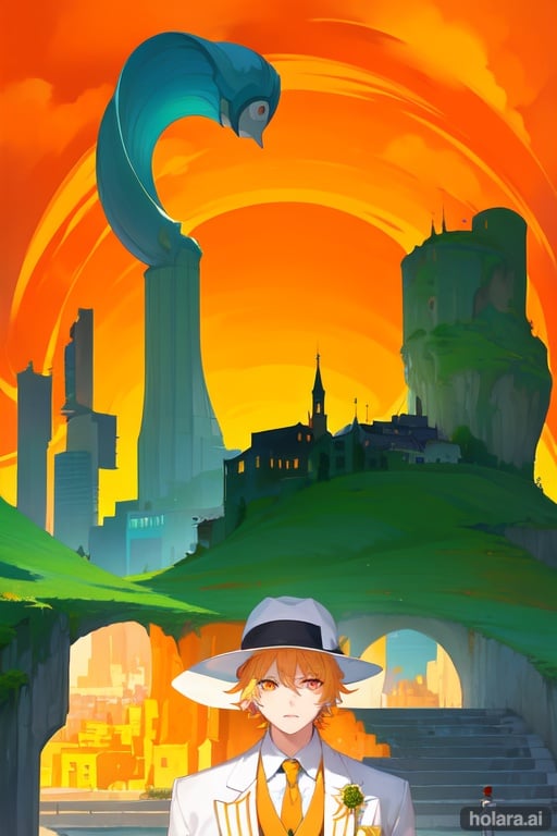 Image of 1boy, colorful background, city escape, orange eyes+++, beautiful landscape+++, white hat++, white suit++, blonde hair+