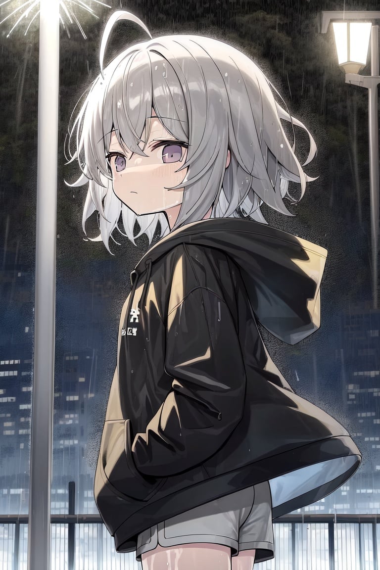 Image of illustration+++,tyndall effect,1 little girl,cute face,(messy short hair)+,ahoge+++,(silver gray hair)+,(purple eyes)+,eyes in highlight,catch light eyes,specular highlight eyes,large black hoodie,shorts,(half-closed eyes)+,dazed,rain+++,(wet clothes)+++,(wet hair)+++,night, from side, park