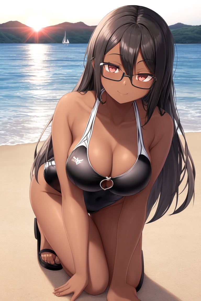 Image of absurdres, 1girl, dark-skinned female, long hair, black hair, brown eyes, large breasts, gles, one-piece swimsuit, white swimsuit+, sandals, earrings, outdoors, harbor, sunrise+, looking at viewer, from above, all fours, smug