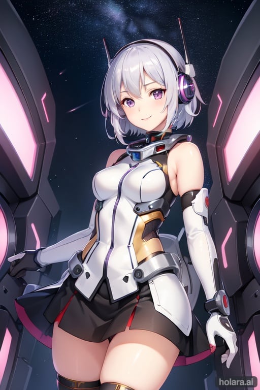Image of best quality, ultra-detailed, high resolution, extremely detailed cg, anime picture,SF, 1mecha girl, solo, silver hair, short hair, light purple eyes, machine ears, smile