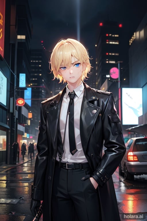 Image of Blonde hair, boy, medium hair, neon lights, rain on ground, Blue eyes, holding katana+, best quality, highly detailed, high buildings in background, disgusted, cigarette, long black coat, white shirt, cargo pants, car behind character, perfect, masterpiece, black gloves, street, highly detailed face, highly detailed katana