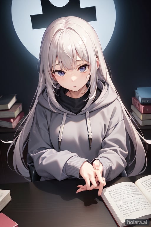 Image of sad read head with grey hoodie, holding, long sleeves