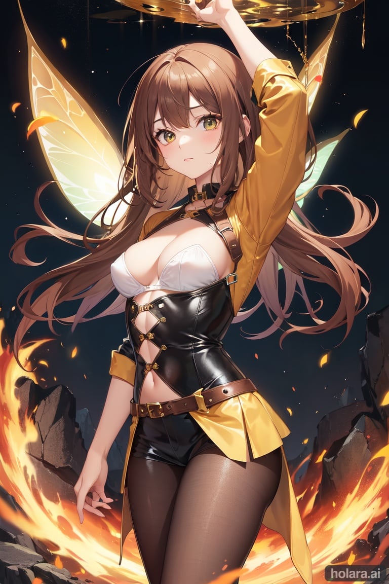 Image of Fairy, in leather shirt, fantasy style, brown and dull yellow and dark brown in color, masterpiece, best quality