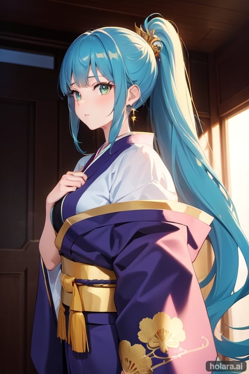 Image of masterpiece++, ultra-detail++, pixiv++, best shadows++, best lighting++, best quality++, cinematic frame, 1 girl, solo, long hair, hair in a long ponytail at the back, looking at the viewer, gofuku, emerald eyes ,flat chest, big gold earrings, simple background, straight bangs, blue hair, kimono