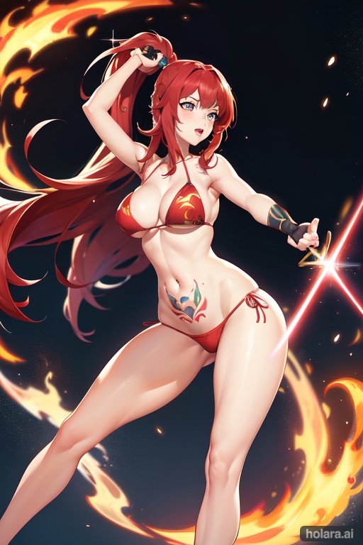 Image of Generate a hyper-realistic full-body illustration of a female character inspired by young Alyson Hannigan, with long red hair, dressed in a bikini, and holding a laser sword in her right hand. The character should have a Polynesian tattoo located under her stomach. The illustration should emphasize the character's resemblance to Alyson Hannigan while maintaining a unique and eye-catching appearance.