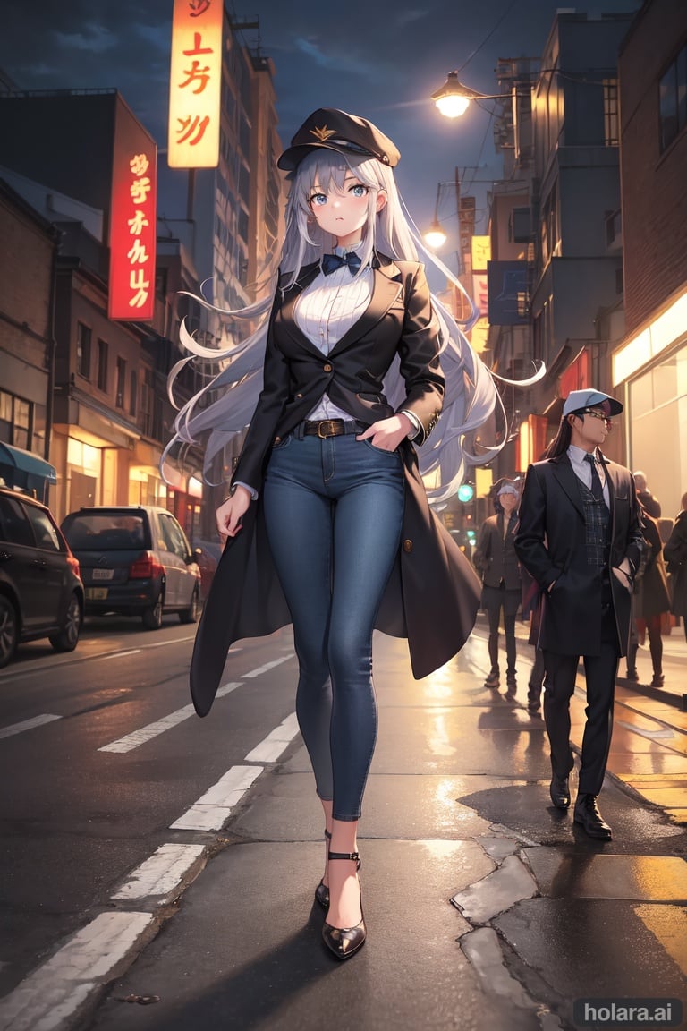 Image of (masterpiece, best quality), ultra-detailed, illustration, 1girl, solo, long hair, outdoors, cityscape, silver hair, white dad hat, stylish gl, cyan eyes, navy blue jeans, Long Coat Blazer, open blazer, white shirt, full body, night, depth of field, looking at viewer, medium breast