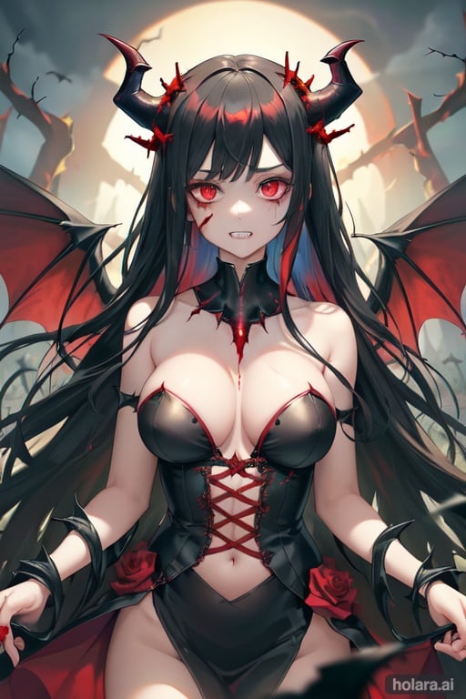 "(highest quality)", "(highest quality)", "(super detail)", "(Dark gloomy Cemetary)", "blood red haze+,"(red glow)++", "(standing picture)","(girl)", "(jewel-like iridescent eyes)+", "(iridescent sheen)+", "(Cursed flames)", "(Blood thirsty crows)+", "(Night gloomy clouds)", "(colorful)", "(demon)+", "(village attacked by the undead)+", "(cleavage)+",vanilla colored light skin+,demon wings,jewellery+,red fireball,symmetry+,body wrapped in black Bloody Roses and Thorns++,demon horns+,evil grin+,fusion phoenix and girl+,demon queen,symmetrical wings,Rotten breath,red flames toward viewer