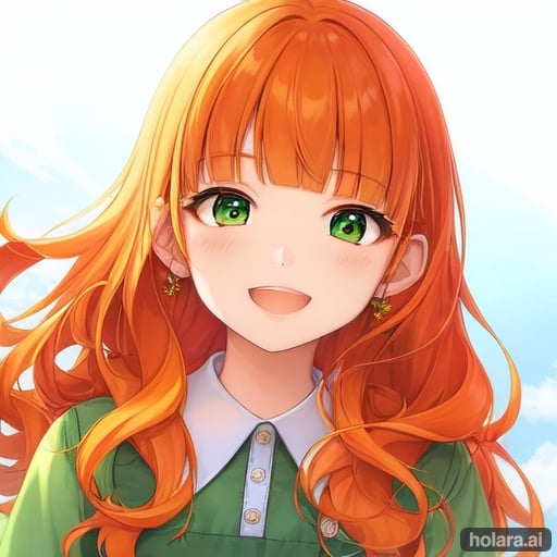 Image of high-quality, 1girl, solo, child, 5 years old, dynamic angle, (short bangs)++, happy, smile+++, (open mouth)+, (orange hair)++, (long hair)++++, (wavy hair)+++, open eyes,  (green Eyes)++++, (long sleeves,  (blue sky)++, sunflower, eyebrows visible through hair