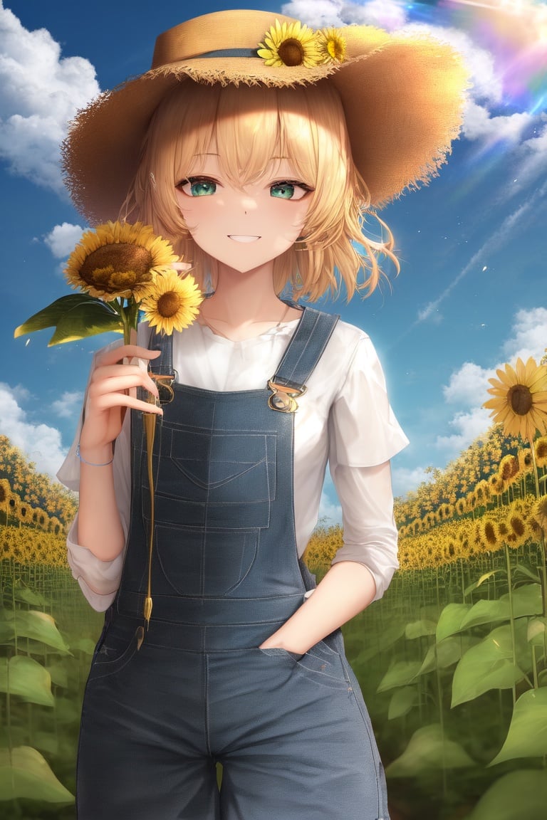 Image of 1girl, blonde_hair, blue_sky, carrying, cloud, cloudy_sky, dandelion, day, field, fireworks, flower, flower_field, green_eyes, hat, holding, holding_flower, kazami_yuuka, long_hair, looking_at_viewer, mountain, outdoors, overalls, plant, sky, smile, solo, summer, sunflower, sunflower_hair_ornament, wooden_fence, yellow_flower