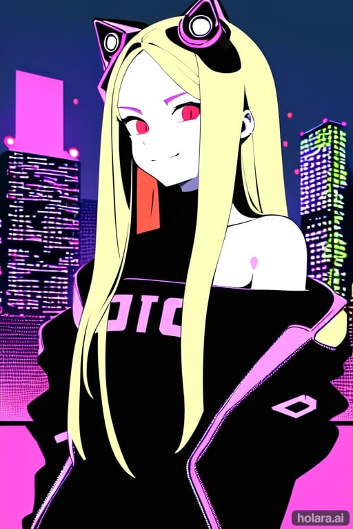 Image of holara, (cyberpunk outfit)+++, big city, (flat colors)+++, dynamic pose 