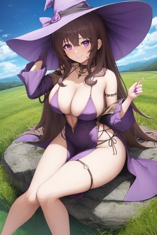 create an Anime art. Solo woman, a female character sitting on rocks in purple dress with a field of grass behind her, witch hat, is a purple witch dress with a small opening on top of the pectoral part of the dress, long curled hair is waving with a long curled bangs of light brown color is purple eyes. big boobs and curvly  body big boobs. It's big thighs it's beautiful body